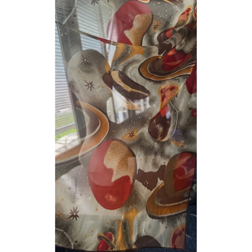 Vintage Celestial Space Planet Print Sheer Chiffon Scarf Brown Rust  20x64
